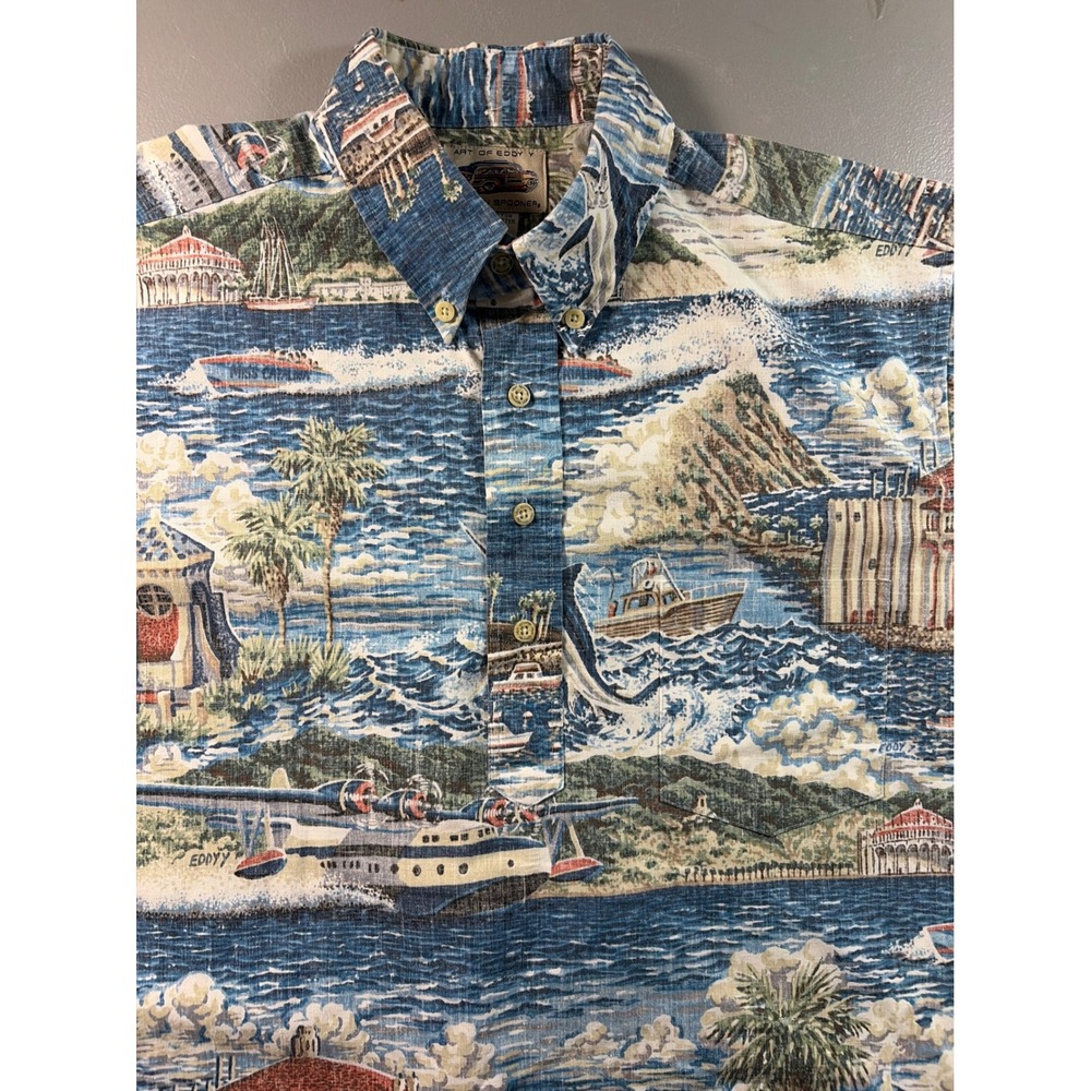 Reyn Spooner Hawaiian Shirt Mens Medium Blue Art of Eddy Y Pullover Cotton Blend